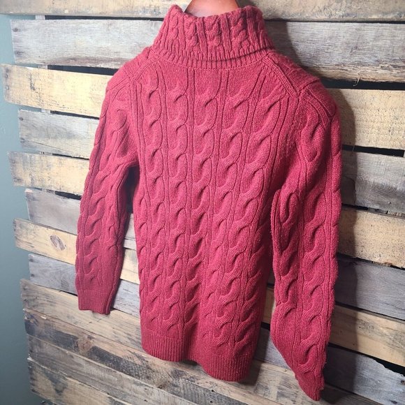 LL Bean Pullover Sweater Women Sm Burgandy Turtleneck Cable Knit Chunky 60% Wool - Picture 7 of 8
